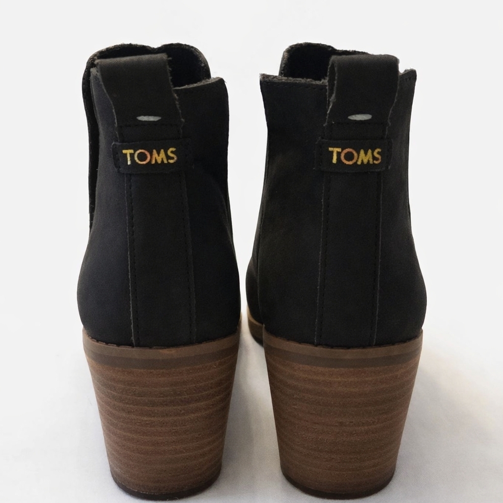 TOMS Everly Booties Womens 7 Black Leather Ankle Boots Stacked Heel - Picture 2 of 7